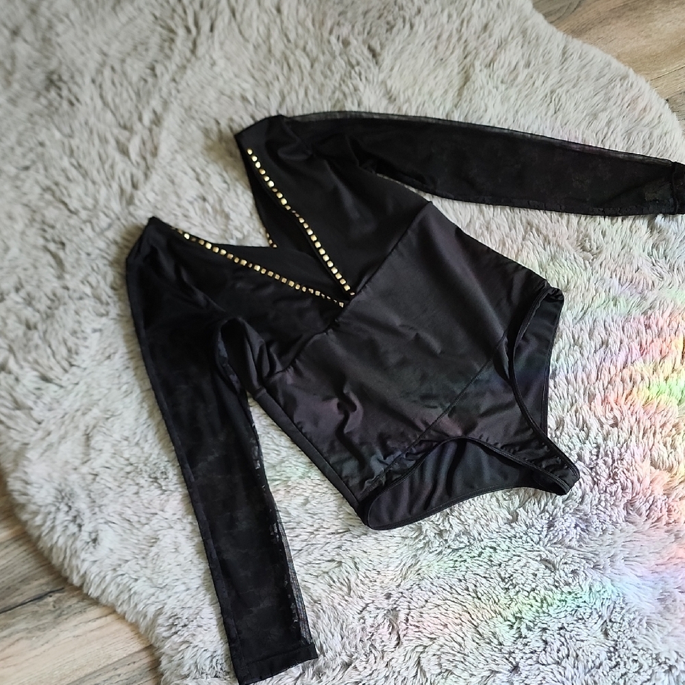 Black Long Sleeve Bodysuit with Gold Studs